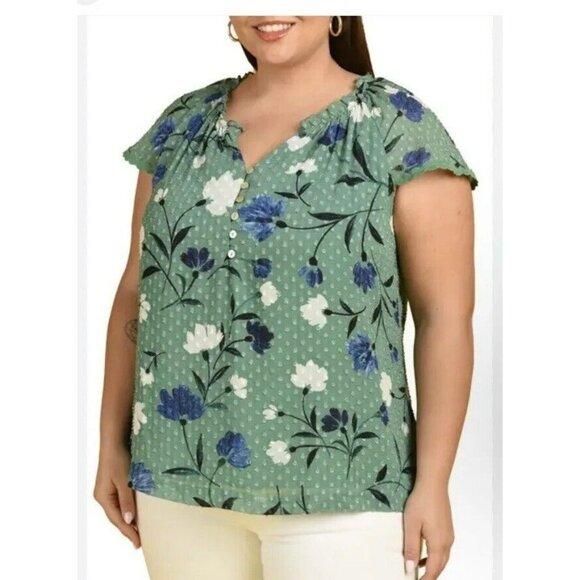 Daniel Rainn Green Floral Peasant XS Top Spring Summer Plus Size Shirt Blouse - Picture 1 of 13
